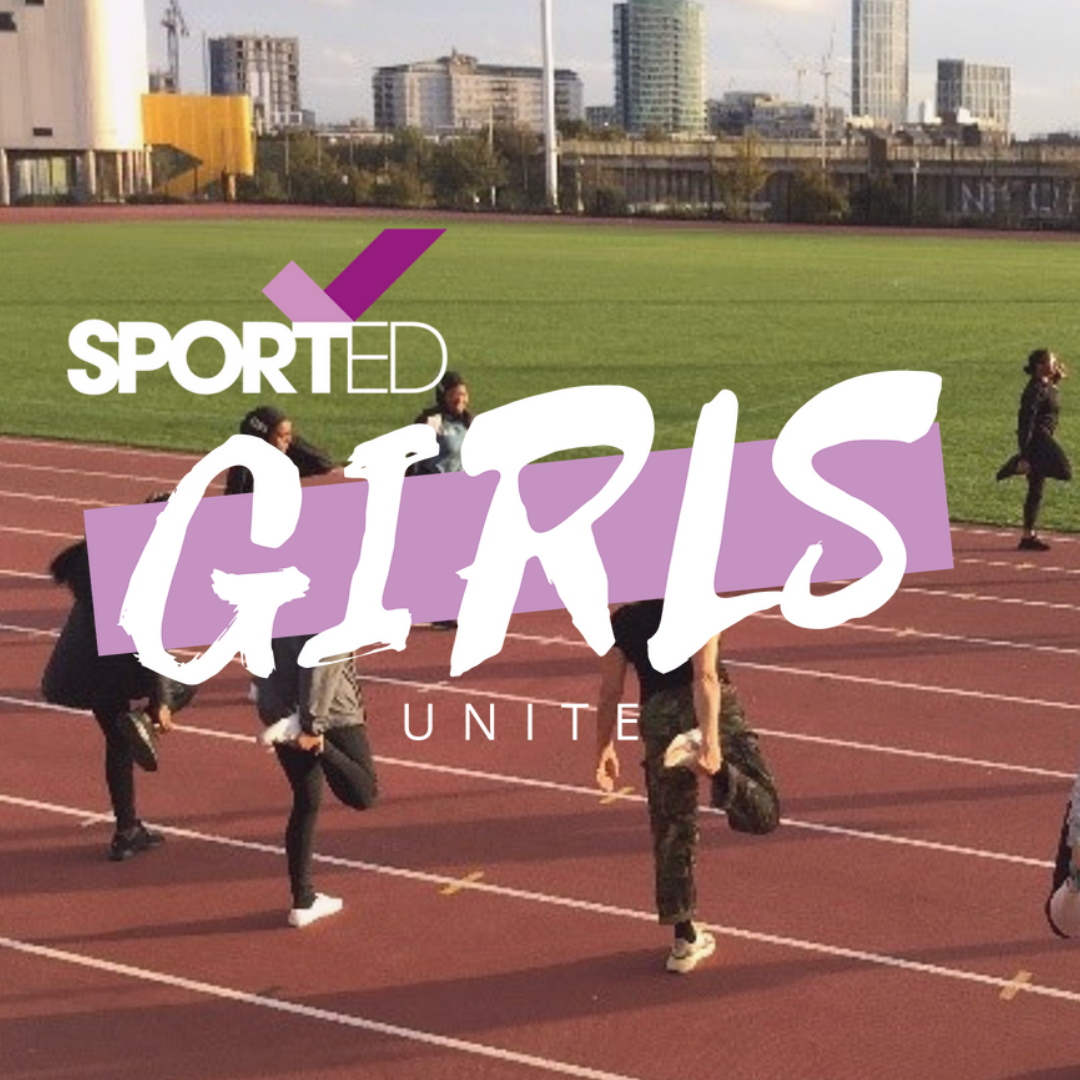 A group of young people on a running track with 'Sported Girls Unite' logo overlayed