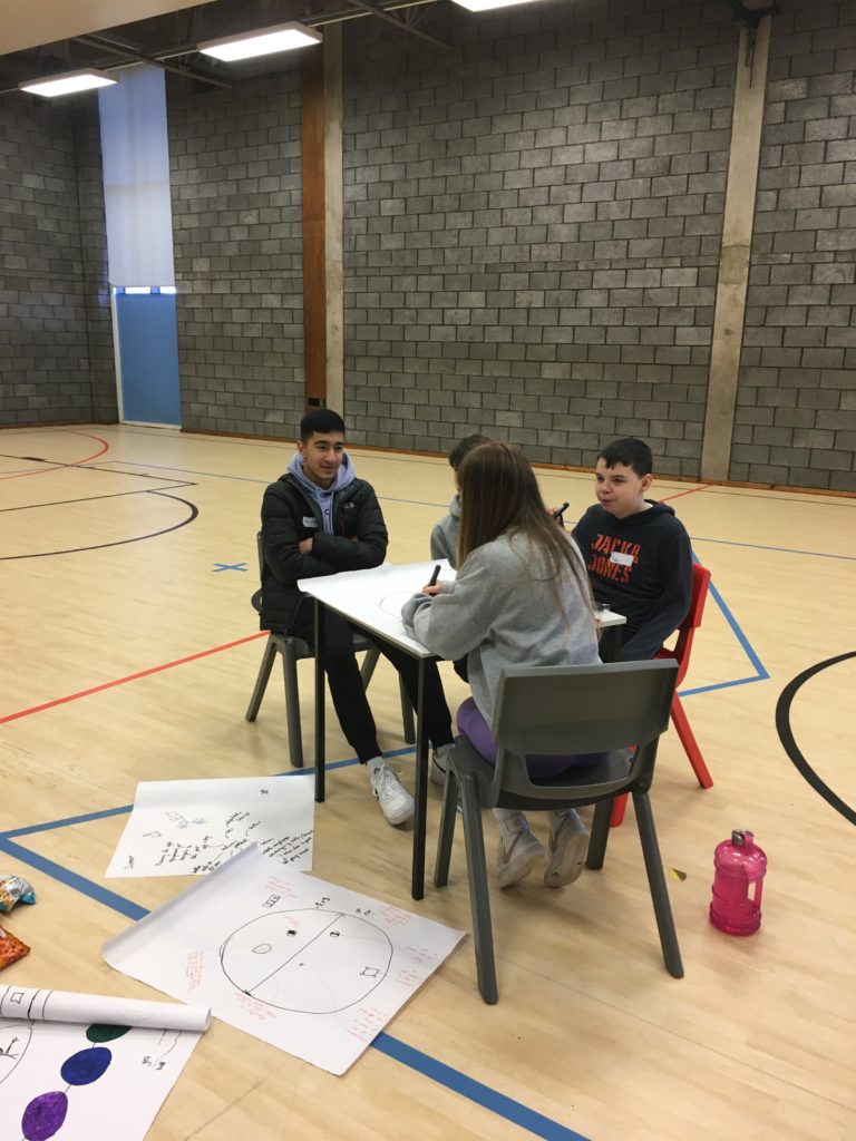 Young people in a sports hall sitting around a table