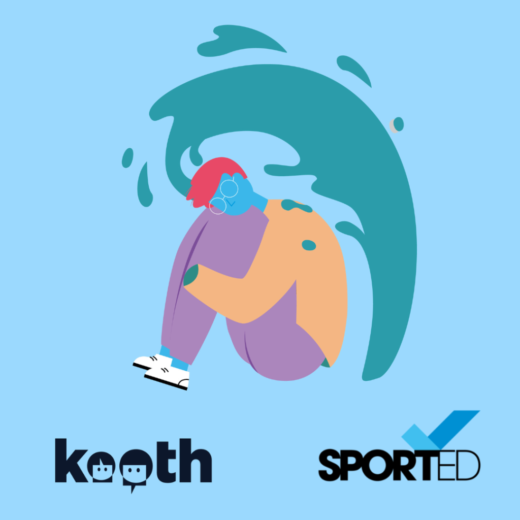 A simple illustration of the shape of a boy sitting on the ground holding his knees.. A splash of colour is coming from his head as if they are his thoughts surrounding him. The Kooth and Sported logos are positioned below the drawing