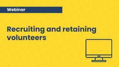 yellow background, image of computer wit the words recruiting and retaining volunteers