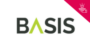 basis logo with word in black with green stylised A. Red triangle with member benefit graphic in corner