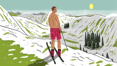 drawing with skier wearing swimming shorts on a melting snowfield