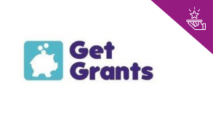 get grants logo with blue and white piggy bank. purple triangle with member benefit graphic in corner