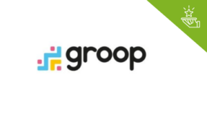 groop logo with blue and yellow abstract steps graphic. green member benefit graphic in corner