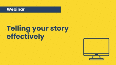 image of a computer on a yellow background. With 'telling your story effectively'