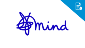 People information: mind logo in blue handwriting with blue squiggle. blue triangle with document information graphic