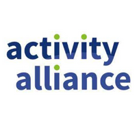 activity alliance logo with blue writing and green dots on i's