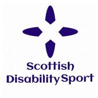 Blue abstract four pointed star text reads "Scottish Disability sport"