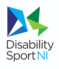 blue and green abstract graphics and text "Disability Sport NI"