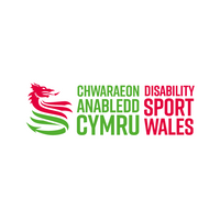 Red and green abstract dragon, text green "Chwaraeon Anabledd Cymru" red "Disability sport wales"