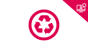 environment webinar graphic: red recycling logo in a red circle, red triangle with webinar screen graphic