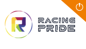 racing pride logo with rainbow coloured R in a rainbow circle. orange embedded in the community links graphic in corner