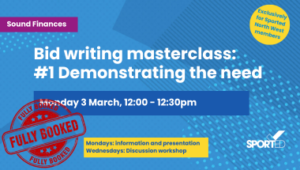 blue event graphic with fully booked and bid writing masterclass info