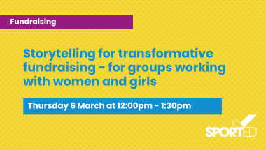 Yellow event graphic text reads "Storytelling for Transformative Fundraising: For groups working with W&G "