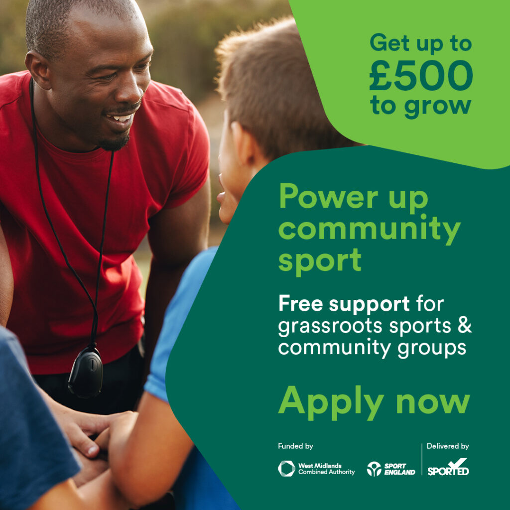 Image of male coach in a red t-shirt smiling and talking to a young boy. There is text on a green background. Get up to £500 to grow. Power up community sport. Free support for grassroots sports & community groups. Apply now.