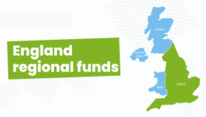 England funding bulletin graphic with UK map with England highlighted in green text reads England regional funds