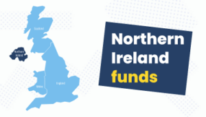 Northern Ireland funding bulletin graphic, UK map with Northern Ireland highlighted in dark blue, text reads Northern Ireland funds