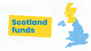 scotland funding bulletin with UK map with Scotland highlighted in yellow text reads Scotland funds