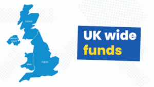 funding bulletin graphic with blue map of uk text reads UK wide funds