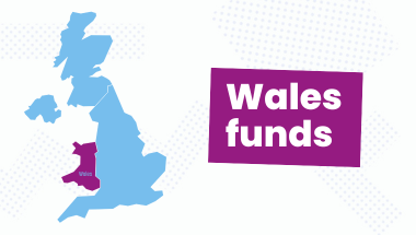 wales funding bulletin graphic with UK map with Wales highlighted in purple, text reads Wales funds