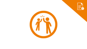 Community information: orange circle with two stick figures high fiving. Orange triangle with document graphic