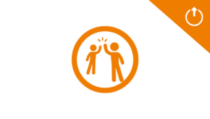 orange circle with two orange stick figures giving a high five. Orange triangle in corner with a circle and arrow in white.