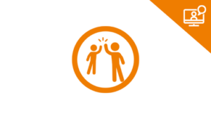 engage with your community webinar graphic: two stick figures high fiving in an orange circle, orange triangle with screen graphic