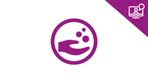 fundraising webinar graphic: purple circle with hand and coins, purple triangle with screen graphic