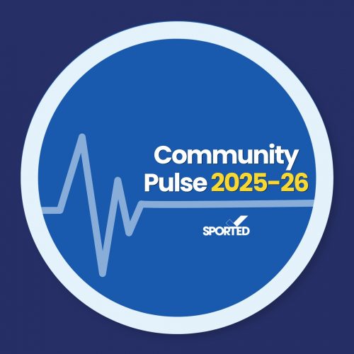A circle with a pulse line across it on a blue background. Community Pulse in white text 2025-26 in yellow test. With a Sported logo