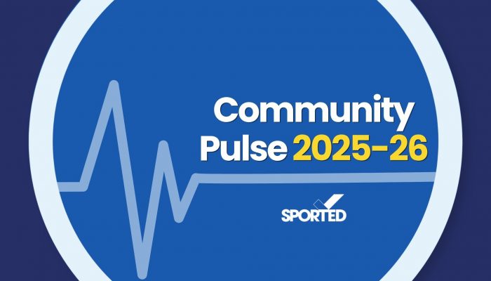A circle with a pulse line across it on a blue background. Community Pulse in white text 2025-26 in yellow test. With a Sported logo